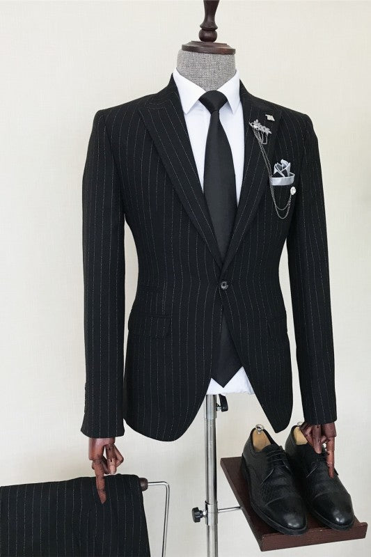 Bespoke Black Striped Peaked Lapel Men's Business Suit