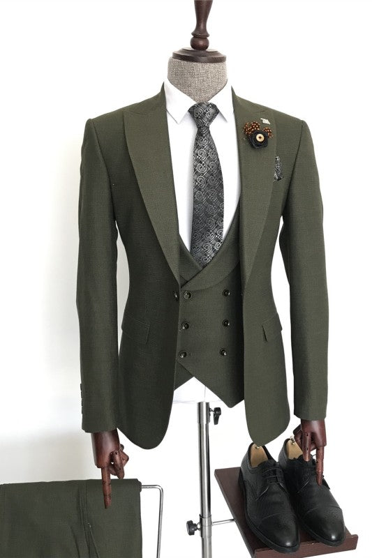 Fancy Dark Green Peaked Lapel Men's Business Suit