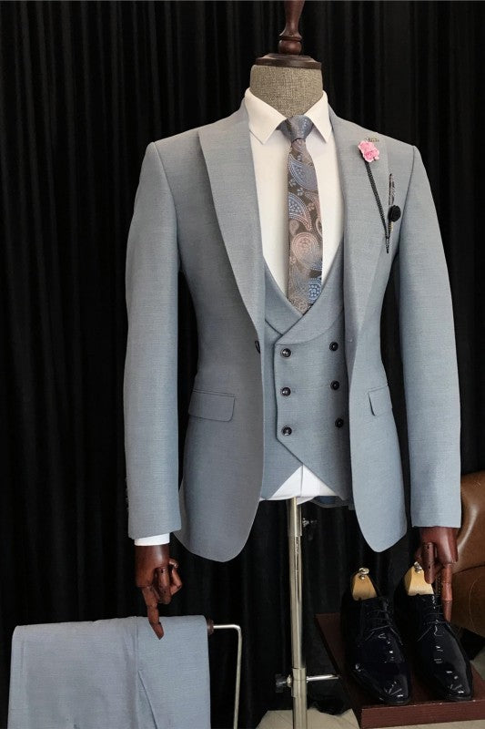 Chic Gray Peaked Lapel 3-Piece Men's Business Suit