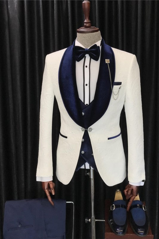 Fancy White 3-Piece Jacquard Wedding Suit with Navy Blue Shawl Lapel