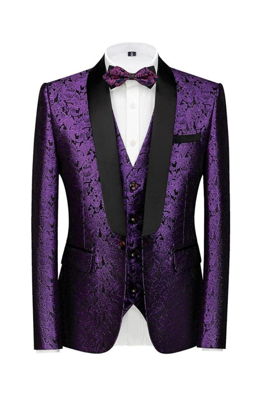 Modern Purple 3-Piece Jacquard Suit for Wedding