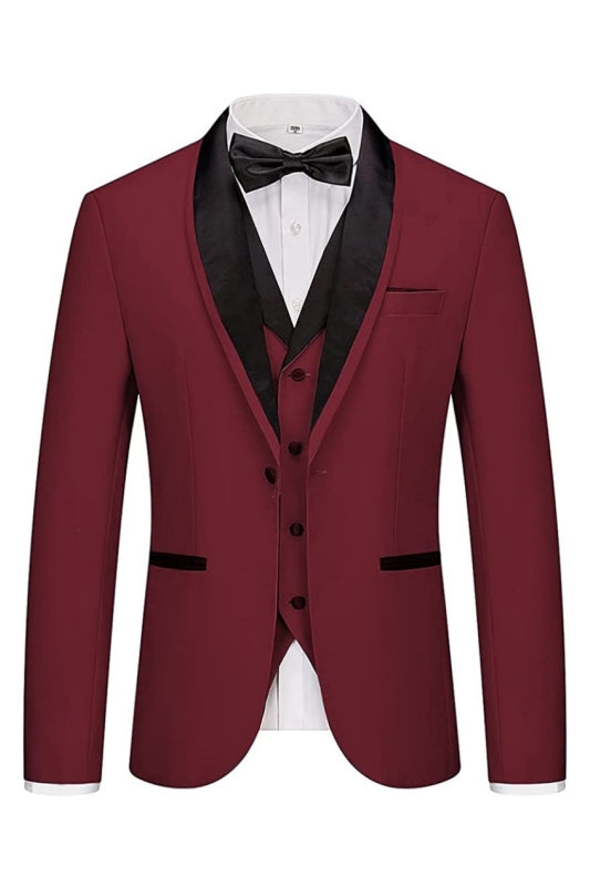 Burgundy Shawl Lapel Three-Piece Wedding Suit