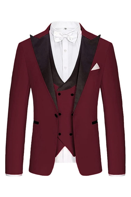 Burgundy Three-Piece Peaked Lapel Prom Suit for Men