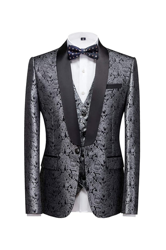 Silvery Jacquard Three-Piece Wedding Suit for Men