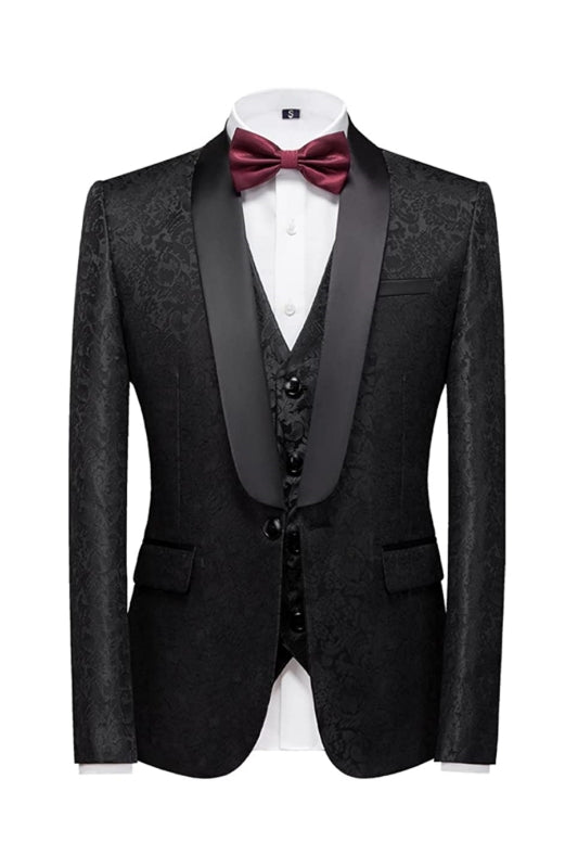 Black Jacquard Shawl Lapel Three-Piece Wedding Suit for Men