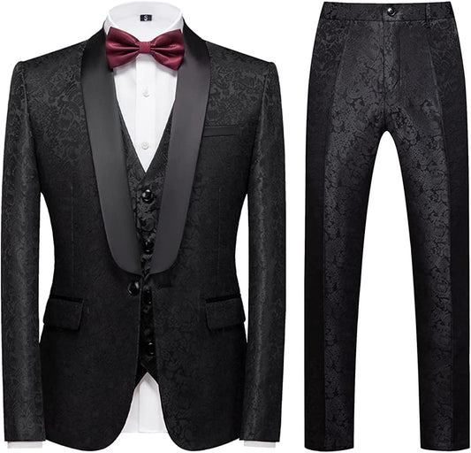 Black Jacquard Shawl Lapel Three-Piece Wedding Suit for Men