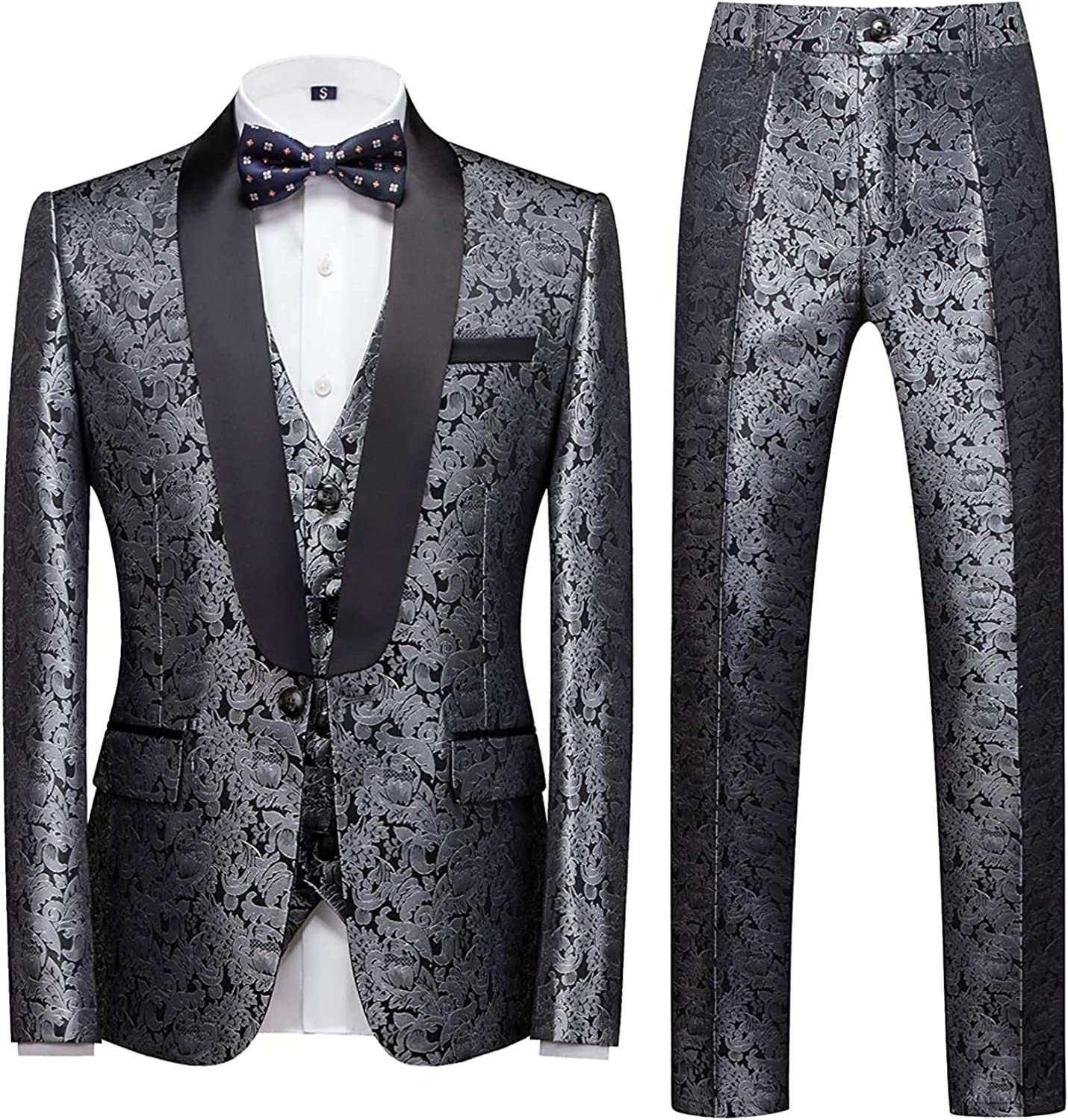 Silvery Jacquard Three-Piece Wedding Suit for Men