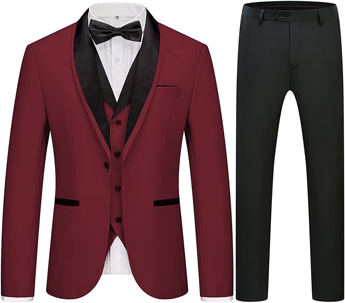 Burgundy Shawl Lapel Three-Piece Wedding Suit