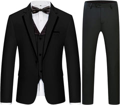 Black Three-Piece Notched Lapel Business Suit for Men