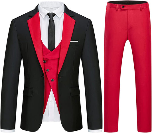 Black and Red Notched Lapel Prom Suit for Men