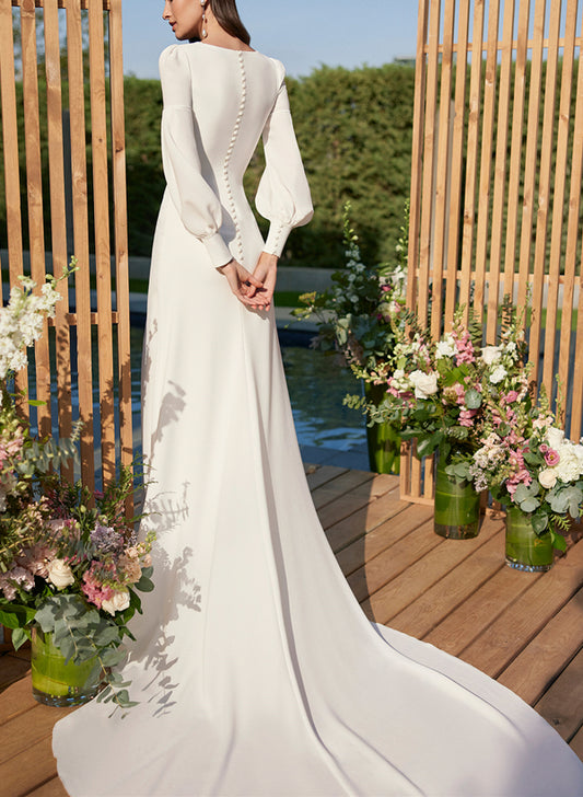 Boho Square Neckline Wedding Dresses With Long Sleeves and Chiffon Court Train