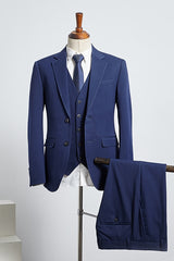 Blue Notched Lapel Three-Piece Business Suit for Men