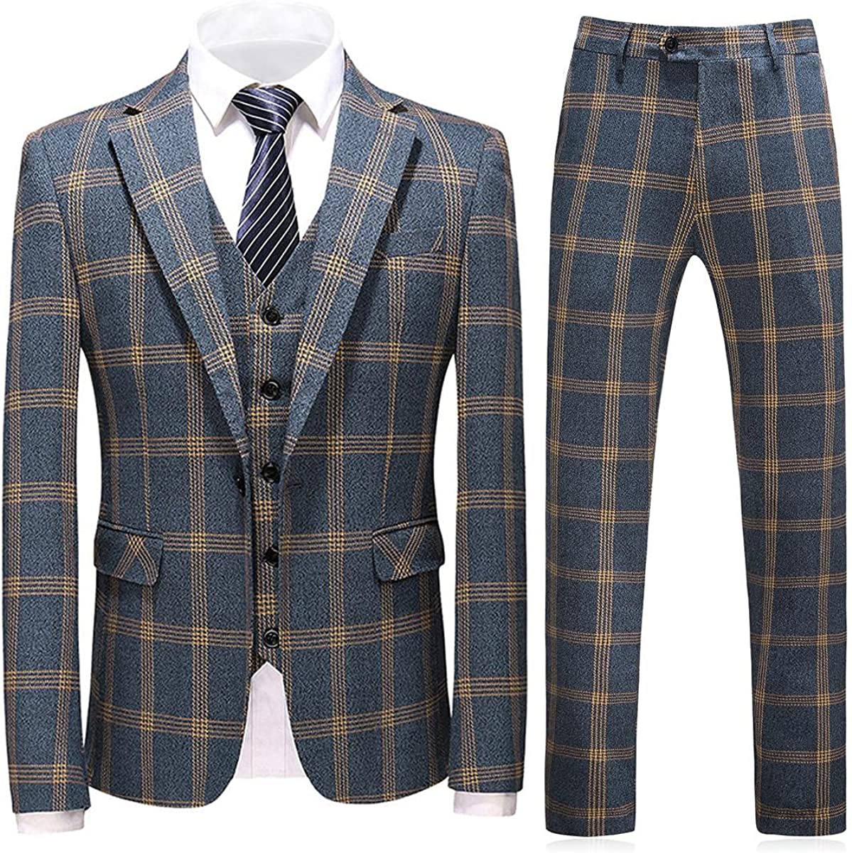 Blue Notched Lapel Three-Piece Business Suit