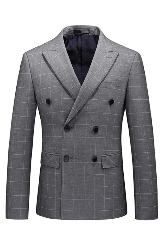 Deep Gray Double-Breasted Plaid Business Suit for Men