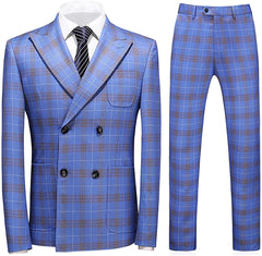 Blue Double-Breasted Plaid Business Suit for Men