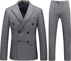 Deep Gray Double-Breasted Plaid Business Suit for Men