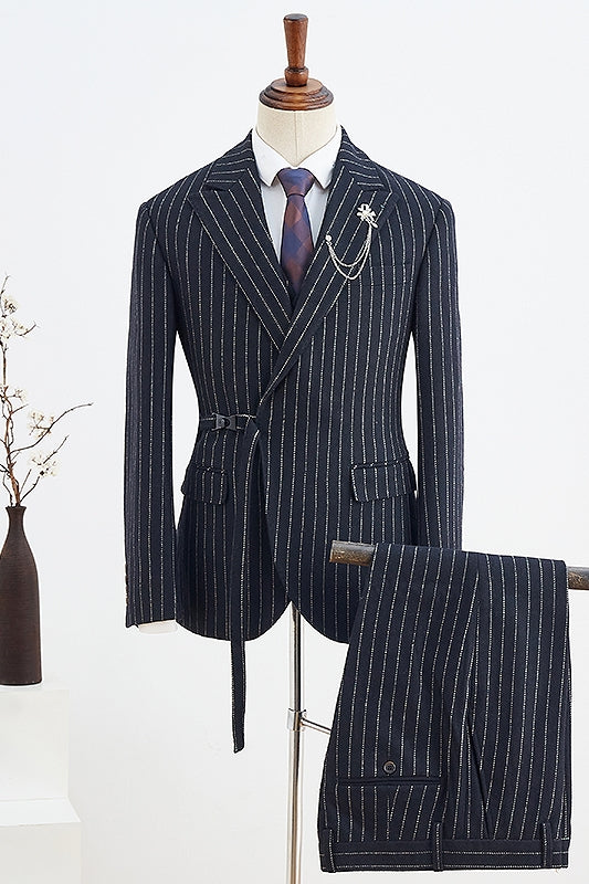 Black Striped Peaked Lapel Prom Suit for Men