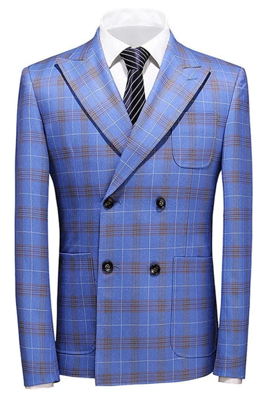 Blue Double-Breasted Plaid Business Suit for Men