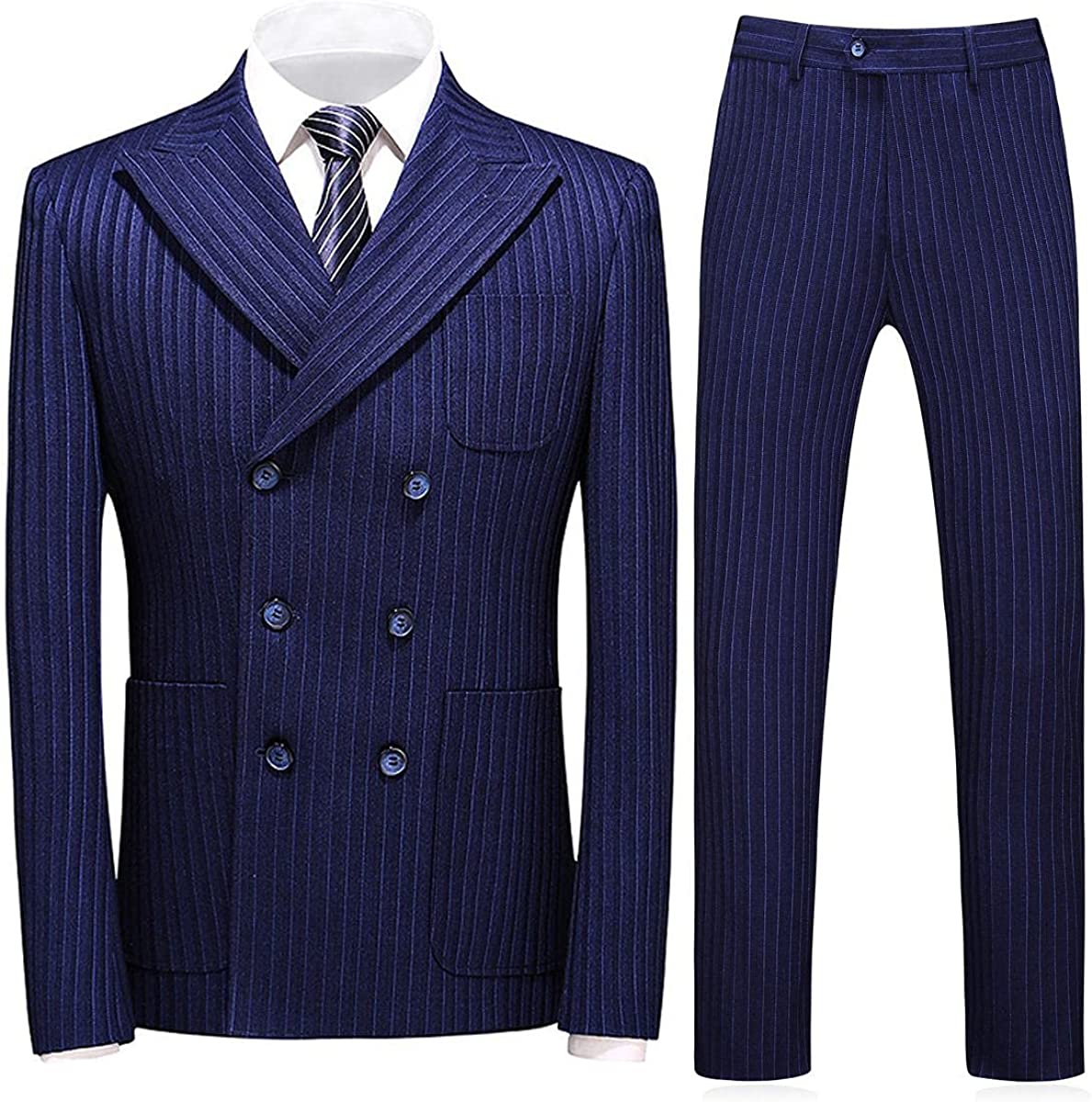 Blue Striped Double-Breasted Peaked Lapel Business Suit