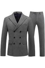 Gray Double-Breasted Striped Peaked Lapel Business Suit for Men