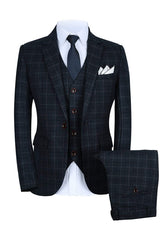 Black Notched Lapel Plaid Three-Piece Business Suit for Men