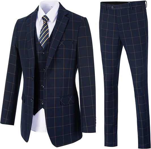 Navy Blue Notched Lapel Three-Piece Business Suit for Men