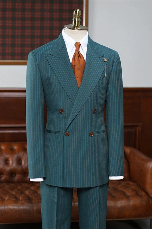 Mint Green Double-Breasted Striped Business Suit for Men