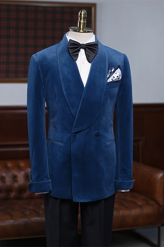 Navy Blue Shawl Lapel Velvet Wedding Suit for Men