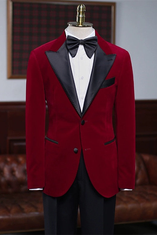 Red Velvet Peaked Lapel Prom Suit for Men