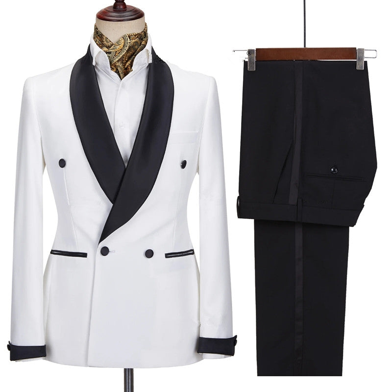 Modern White Wedding Suit with Black Shawl Lapel