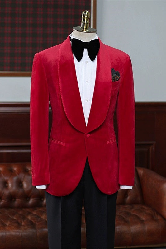 Red Velvet Shawl Lapel Wedding Suit for Men