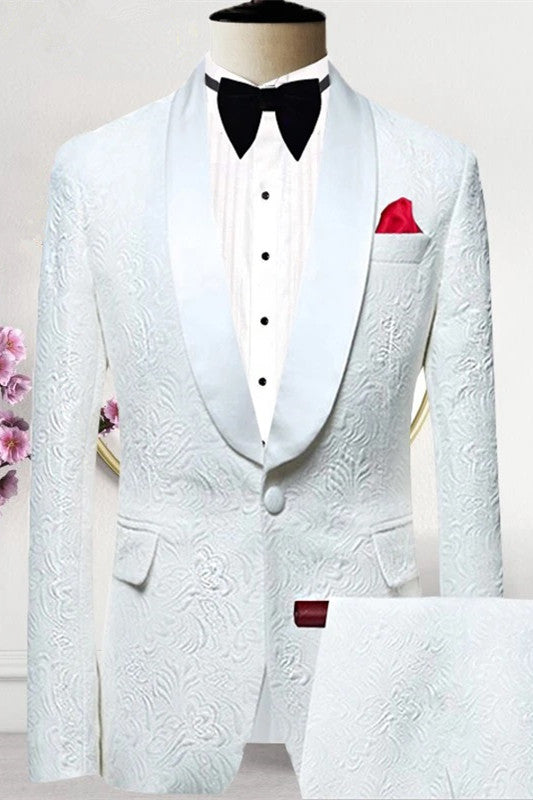 White Jacquard Shawl Lapel Wedding Suit for Men - Newest