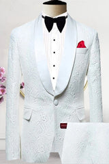 White Jacquard Shawl Lapel Wedding Suit for Men - Newest