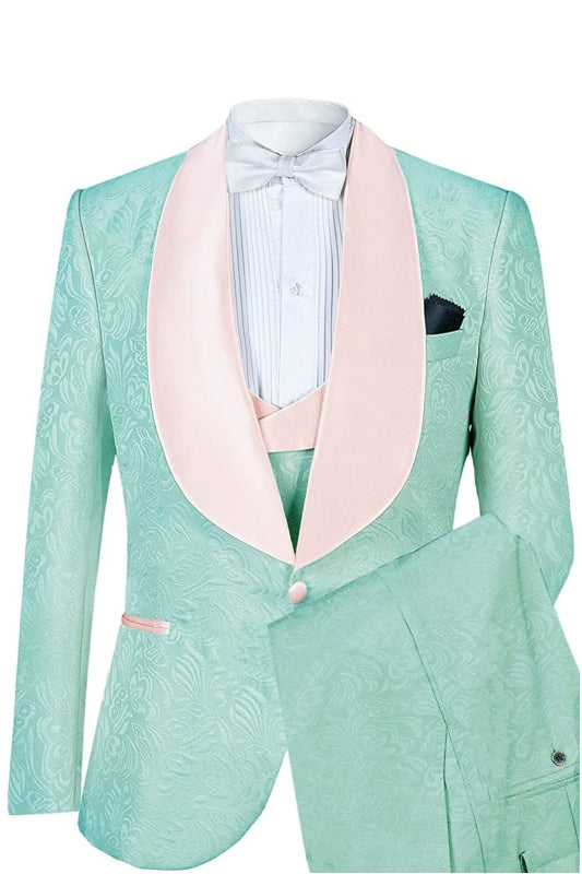 Light Green Jacquard Shawl Lapel Wedding Suit for Men