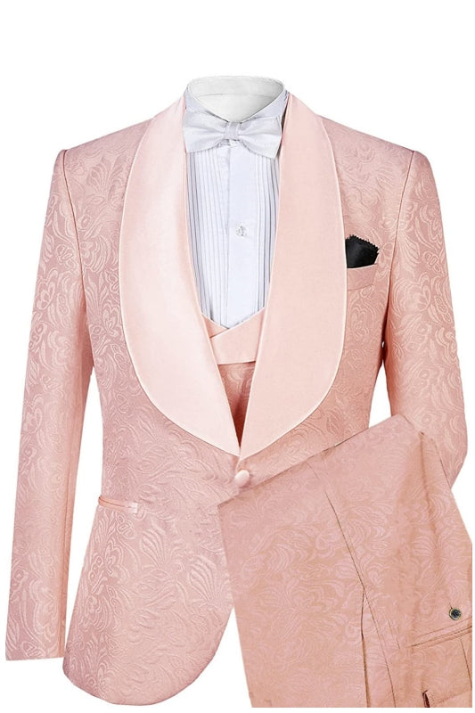 Pink Shawl Lapel Jacquard Wedding Suit for Men