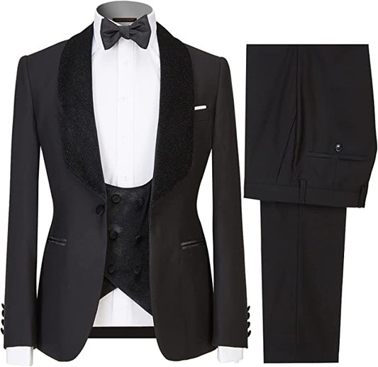 Black Shawl Lapel Three-Piece Wedding Suit for Men