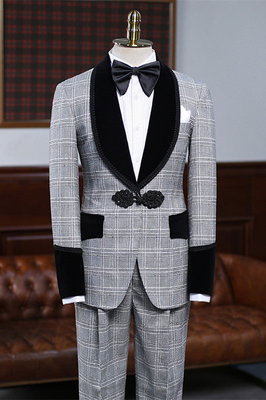 Gray Plaid Shawl Lapel Wedding Suit for Men