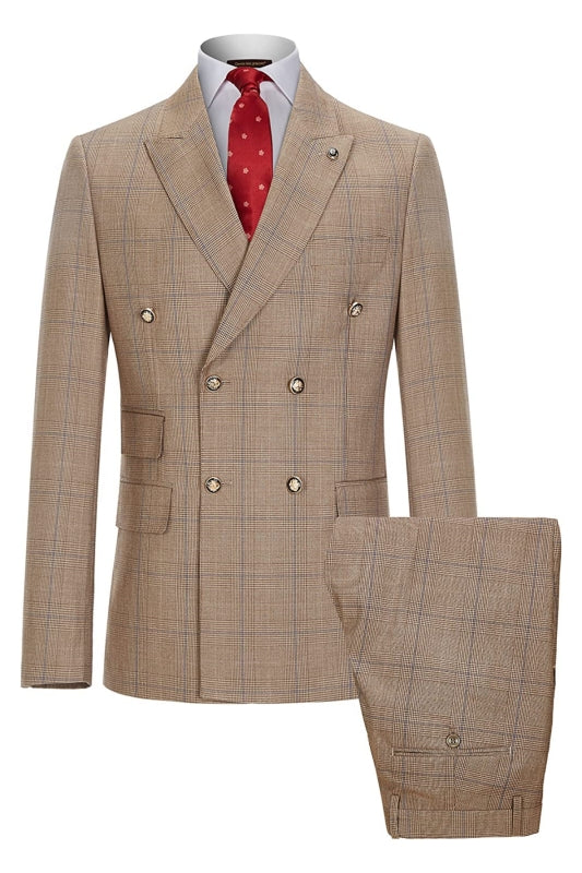 Khaki Double-Breasted Plaid Business Suit - Newest