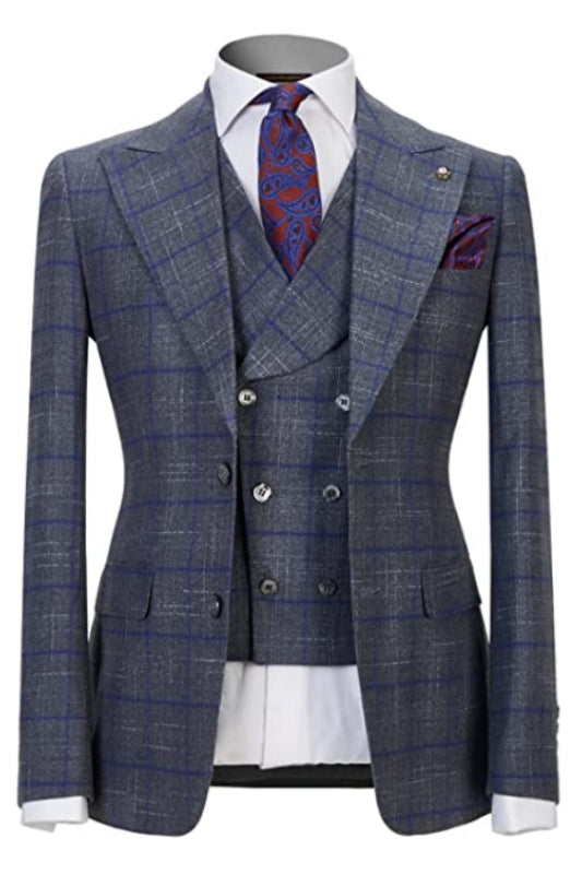 Gray Plaid Three-Piece Peaked Lapel Business Suit for Men