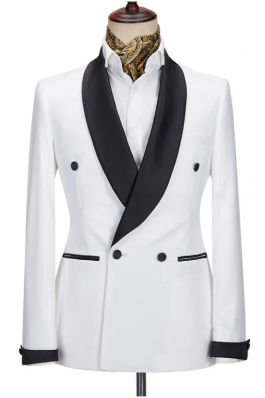 Modern White Wedding Suit with Black Shawl Lapel