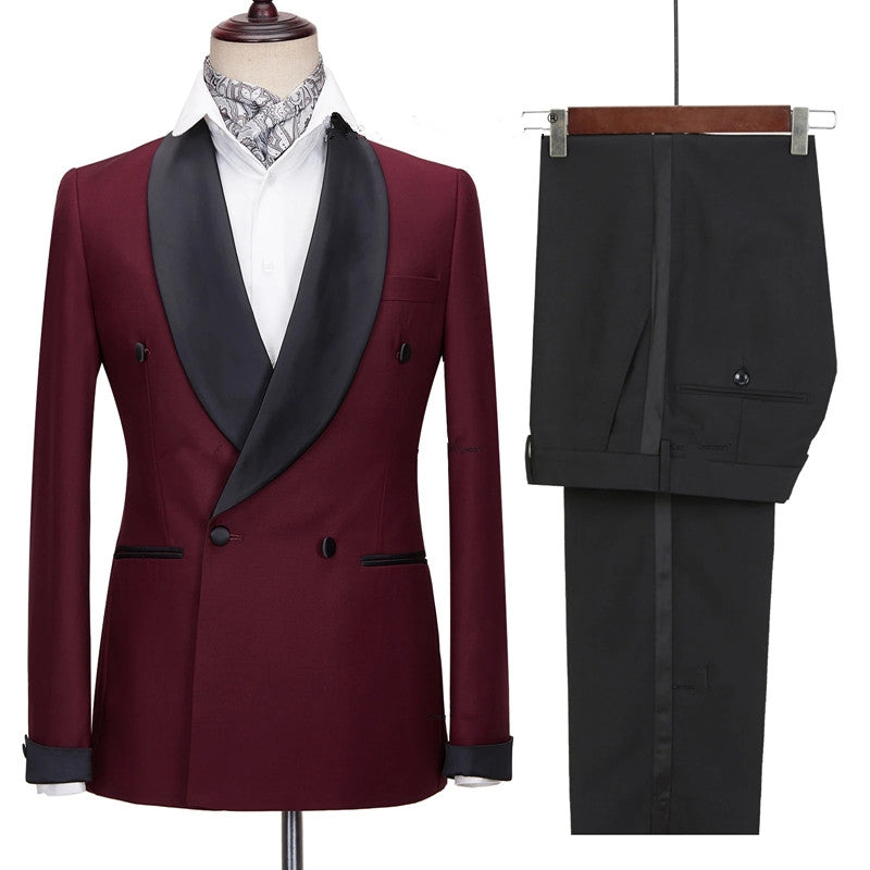 Burgundy Slim Fit Wedding Suit with Black Shawl Lapel