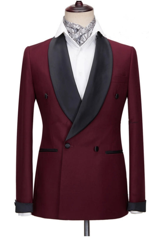 Burgundy Slim Fit Wedding Suit with Black Shawl Lapel