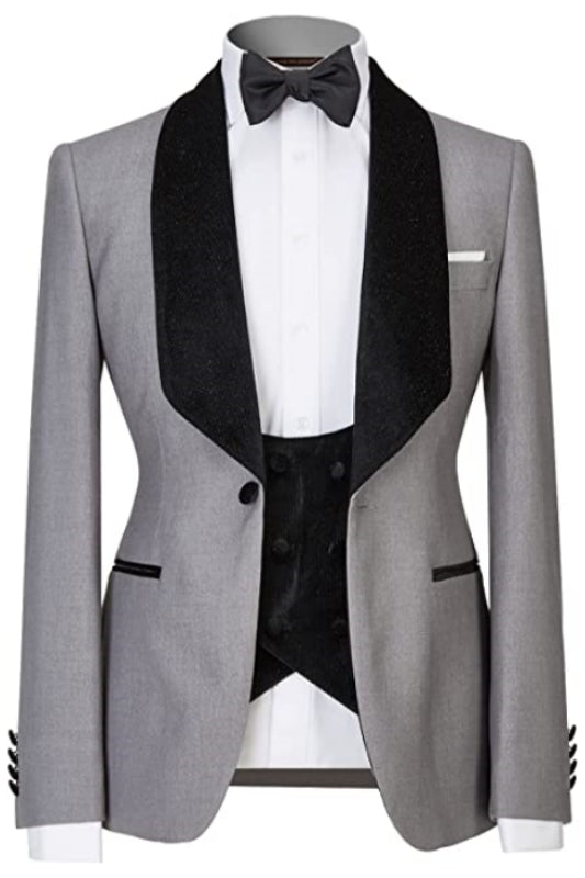 Gray Three-Piece Shawl Lapel Wedding Suit for Men