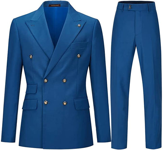 Blue Double-Breasted Peaked Lapel Prom Suit