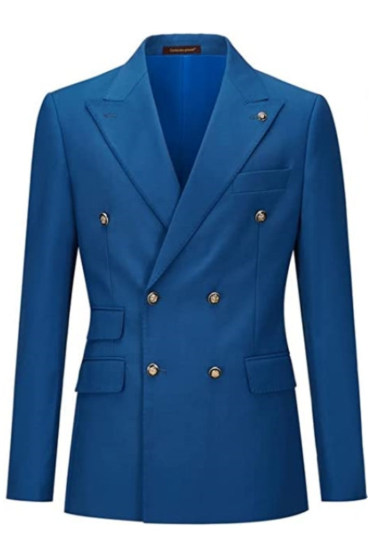 Blue Double-Breasted Peaked Lapel Prom Suit