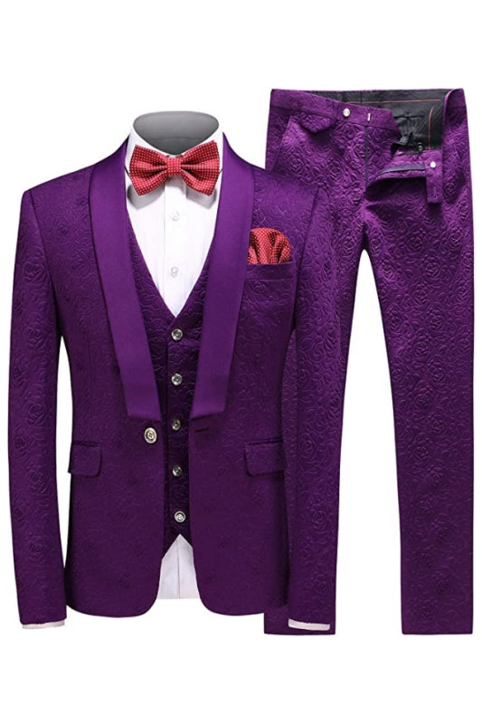 Purple Three-Piece Shawl Lapel Jacquard Wedding Suit