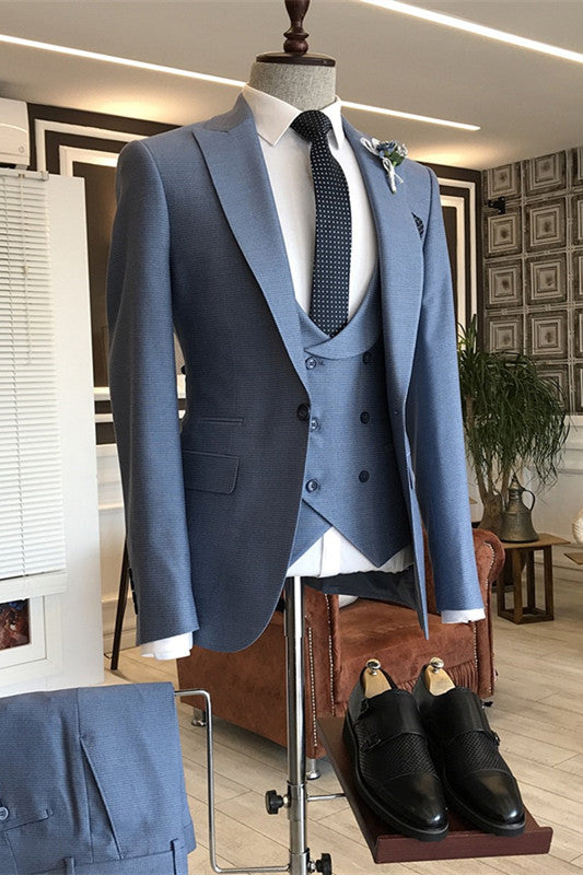 Dusty Blue Three-Piece Peaked Lapel Business Suit