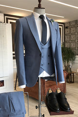 Dusty Blue Three-Piece Peaked Lapel Business Suit