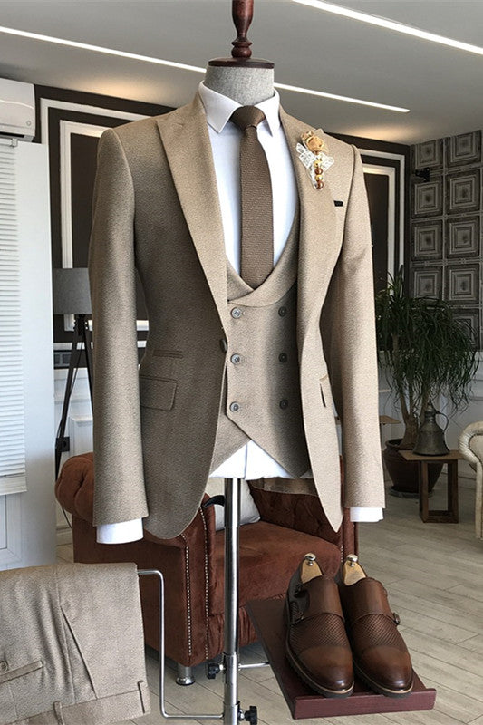 Khaki Gray Three-Piece Peaked Lapel Business Suit