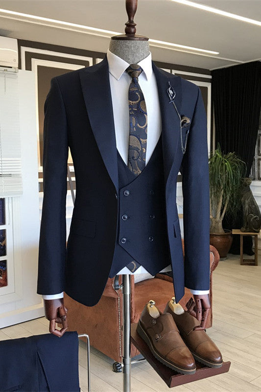 Formal Navy Blue Peaked Lapel 3-Piece Business Suit